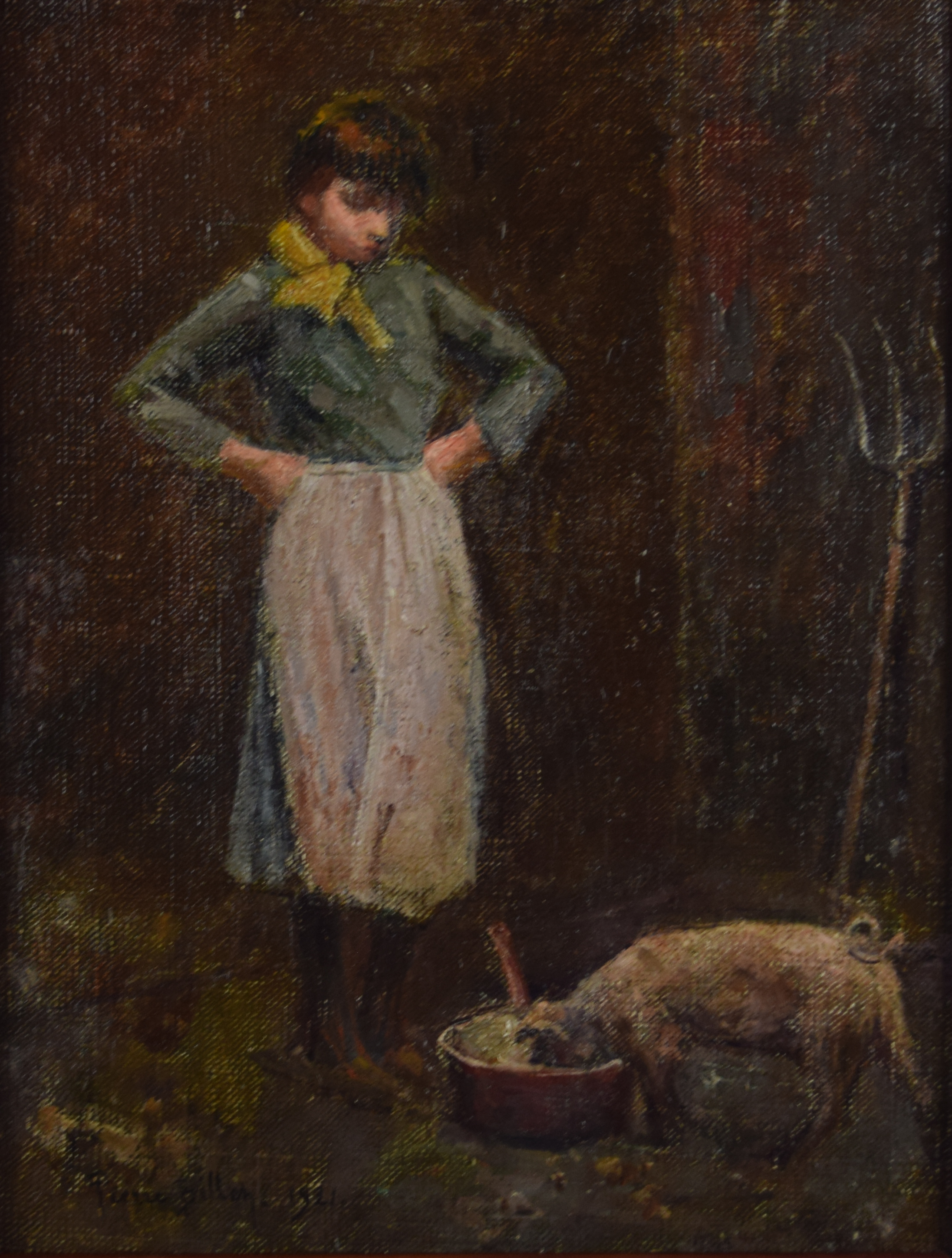 tableau La fermière et son cochon Billet Pierre animaux,personnage,scène rurale  huile toile 1ère moitié 20e siècle