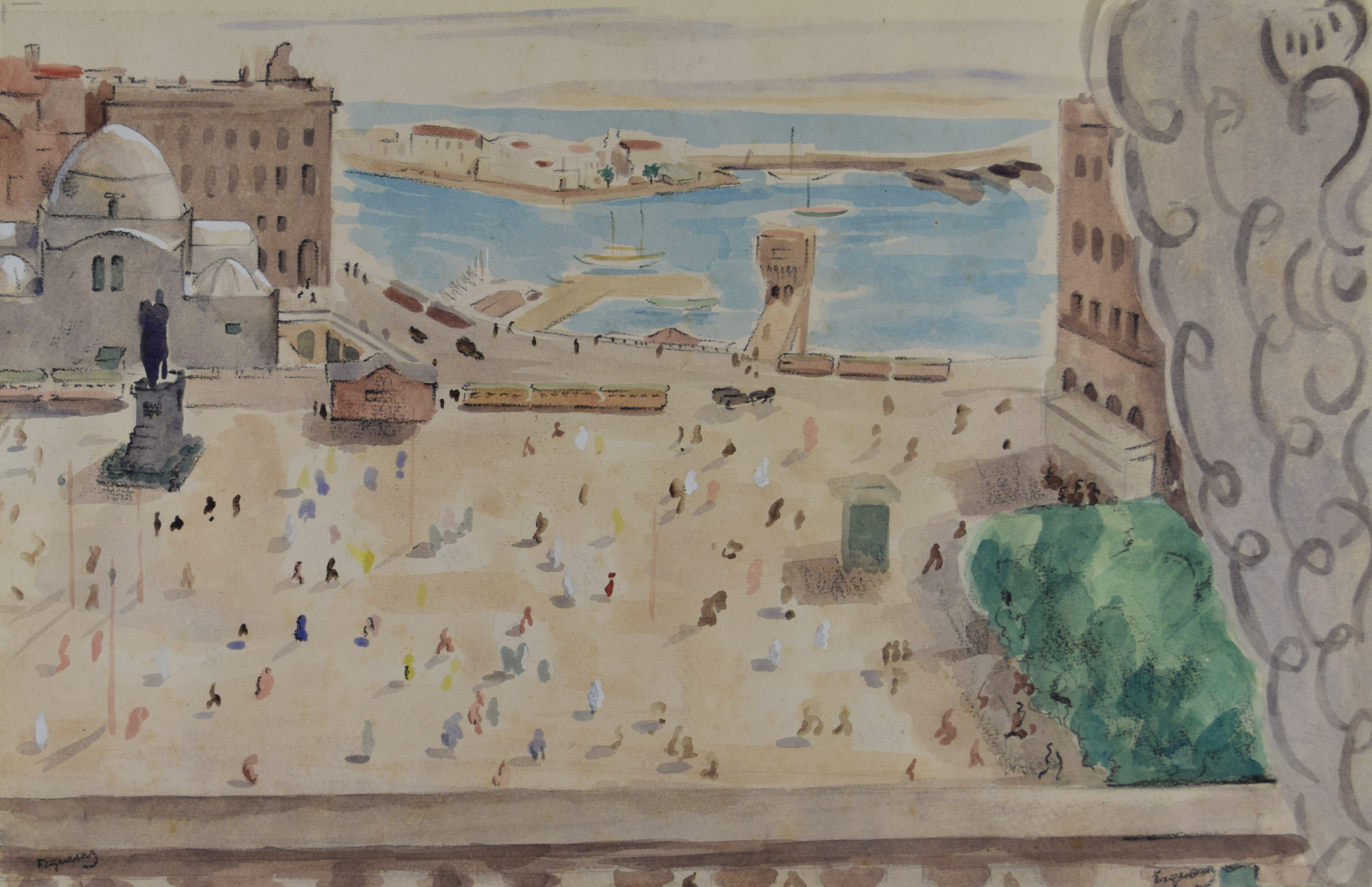 tableau Place du gouvernement Alger Figueras Alfred orientaliste,personnage,ville  aquarelle papier 1ère moitié 20e siècle