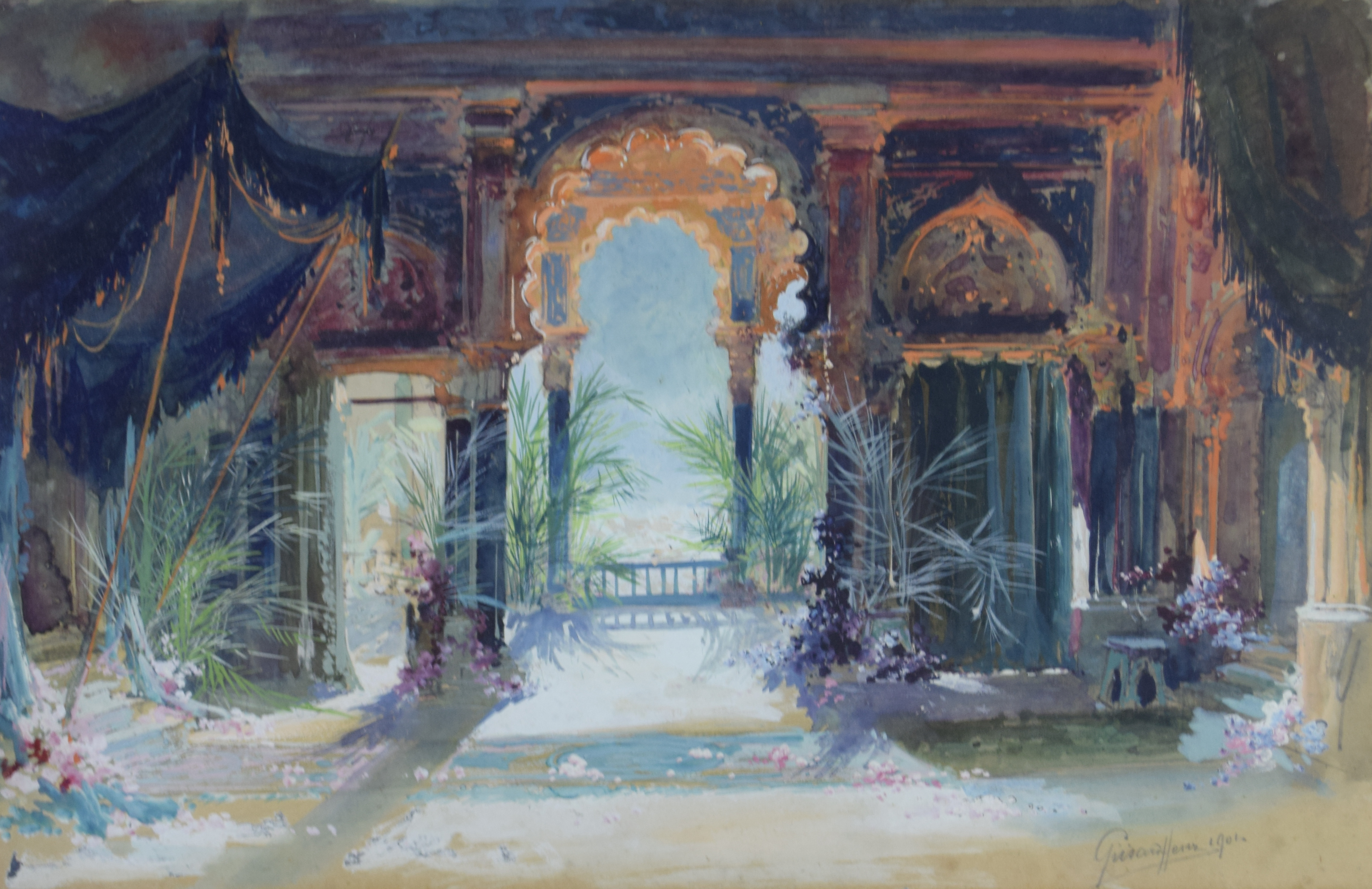 tableau Intérieur d'orient  Grisard Henry orientaliste,scène d'intérieur  gouache papier 1ère moitié 20e siècle