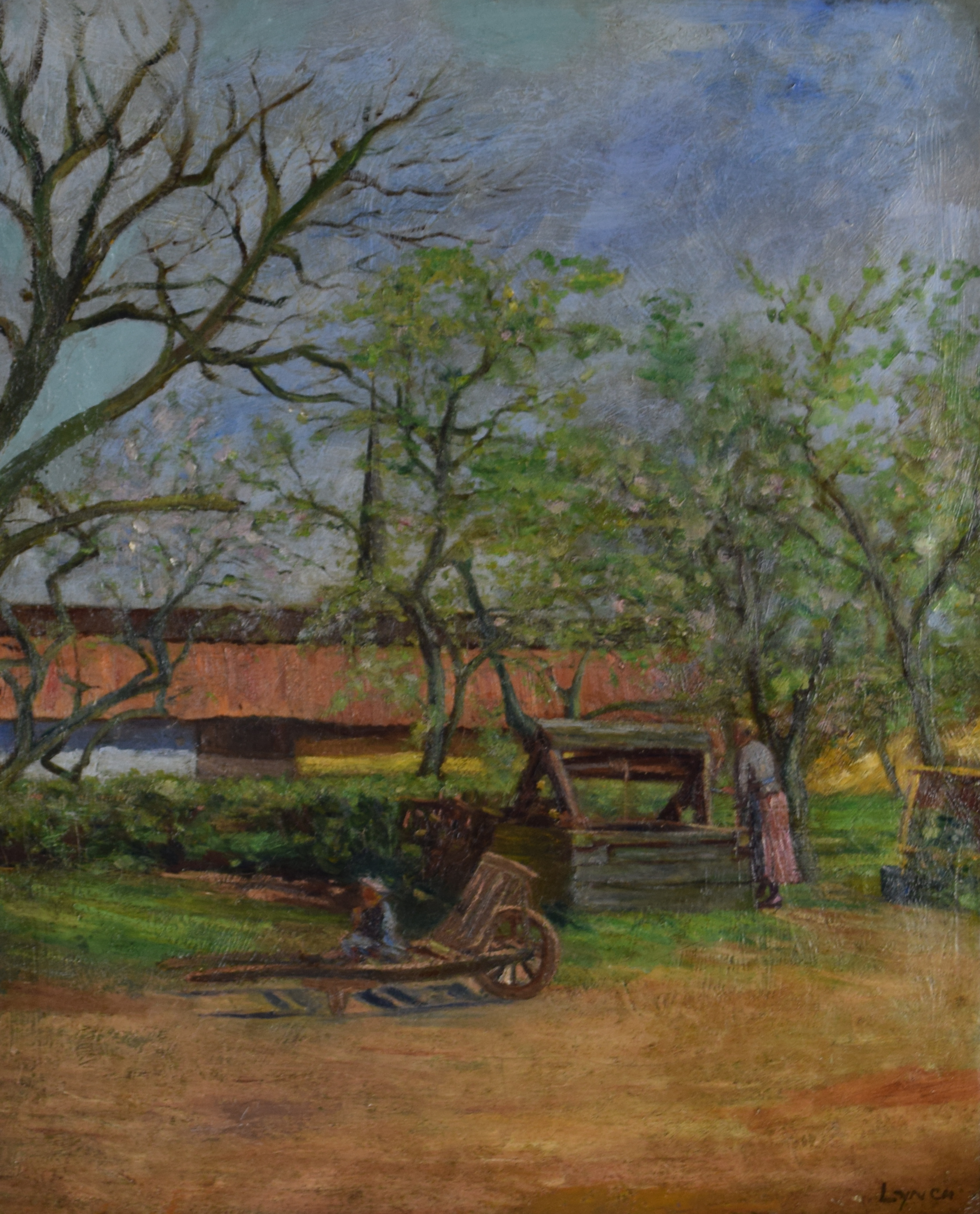 tableau Journée de printemps à la ferme Lynch  paysage,personnage  huile toile 1ère moitié 20e siècle
