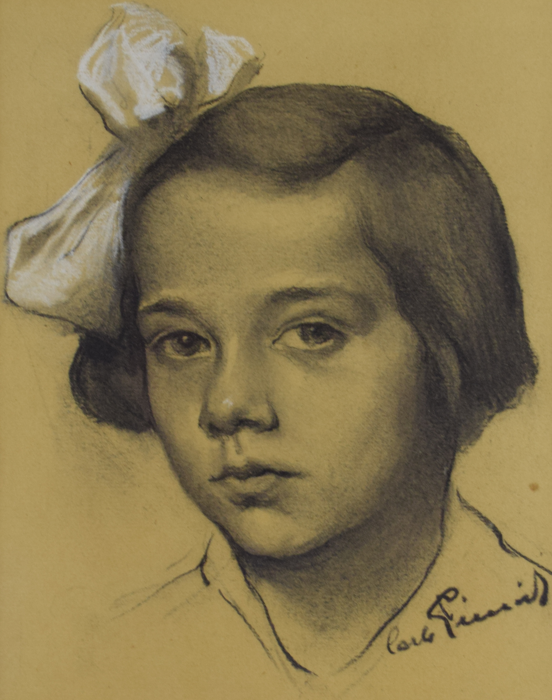 tableau La jeune fille au n½ud    portrait  fusain papier 1ère moitié 20e siècle