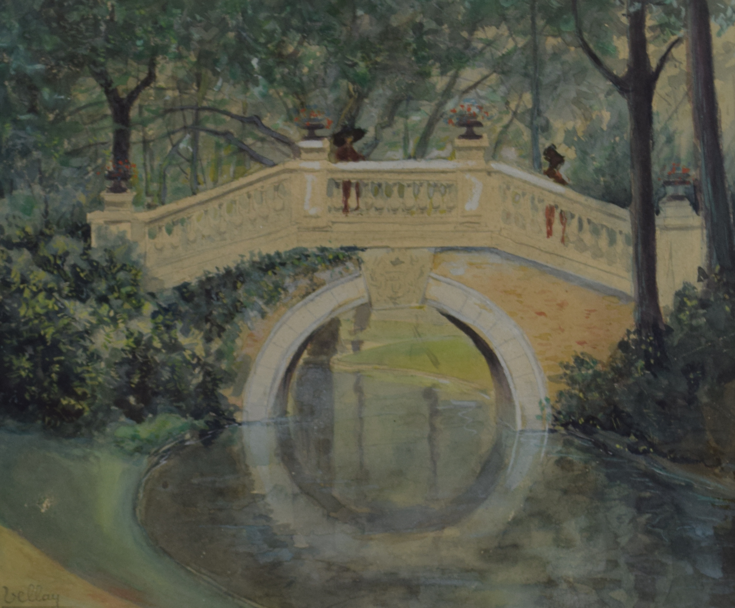 tableau Les deux élégantes sur le pont   paysage,personnage  aquarelle papier 1ère moitié 20e siècle
