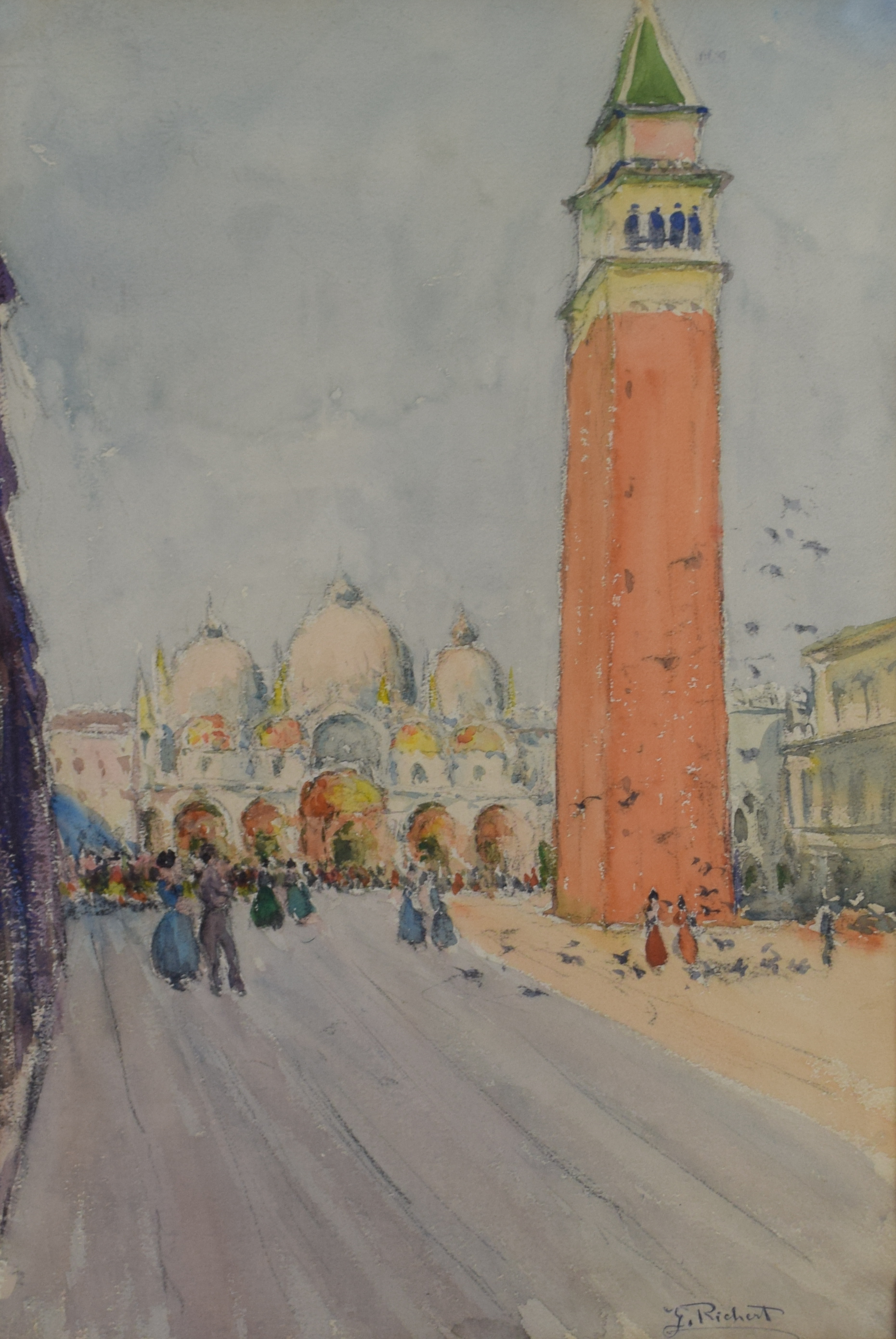 tableau Le campanile place Saint Marc Venise Richert G personnage,ville  aquarelle papier 1ère moitié 20e siècle