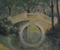 tableau Les deux lgantes sur le pont   paysage,personnage  aquarelle papier 1re moiti 20e sicle