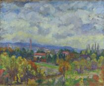 tableau Vue sur le village Metein-Gilliard Vallentine paysage  huile toile 1ère moitié 20e siècle