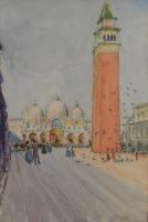 tableau Le campanile place Saint Marc Venise Richert G personnage,ville  aquarelle papier 1re moiti 20e sicle