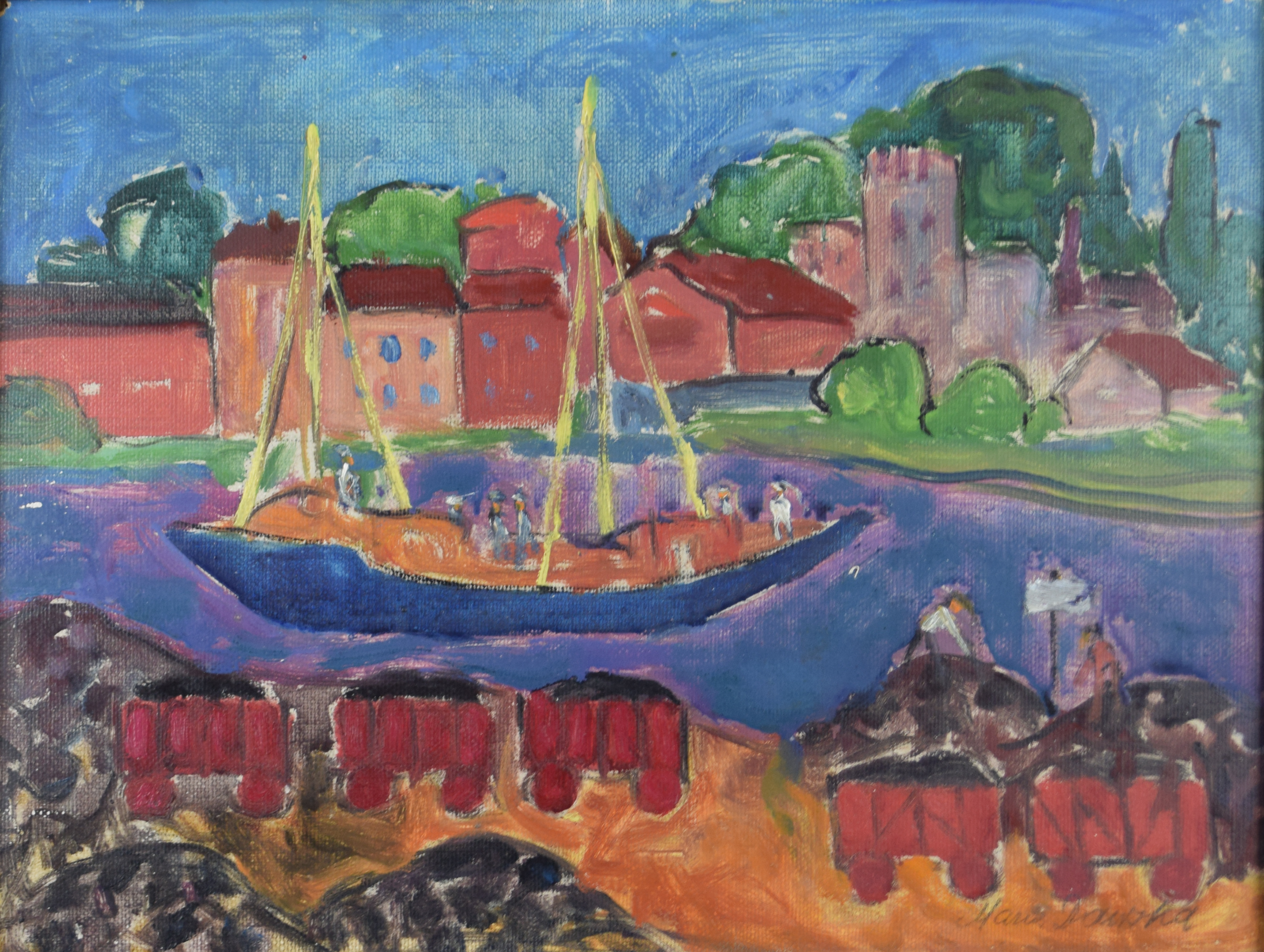 tableau Journée sur le fleuve Dawska Maria personnage,ville  huile carton 2ième moitié 20e siècle