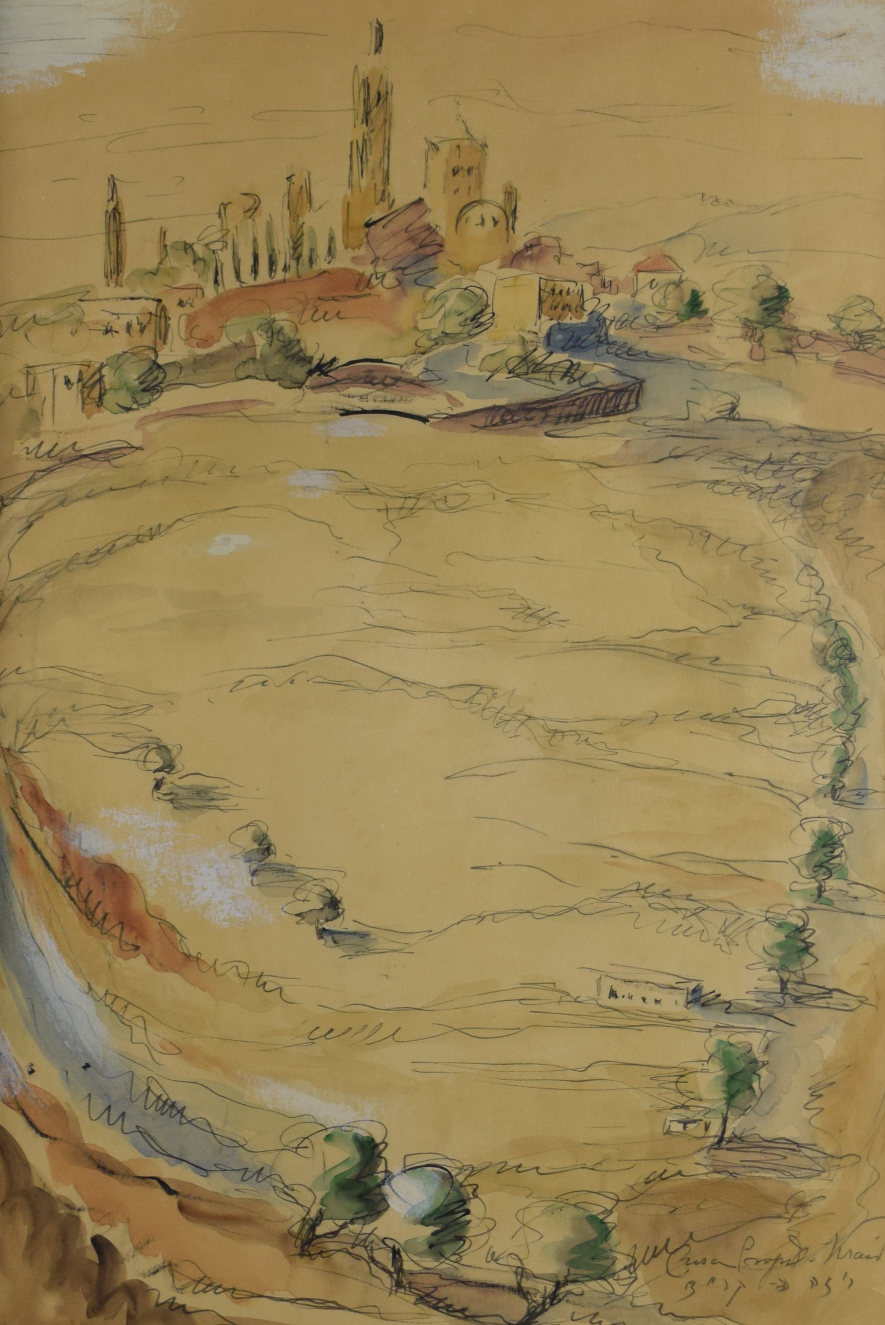 tableau Le village sur la colline Propst-Kraid Riza village  mixte papier 2ième moitié 20e siècle