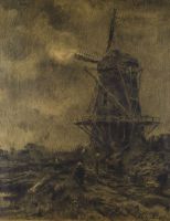 tableau Le moulin à la côte Charlet Frantz marine,paysage,personnage  fusain papier 19e siècle