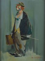 tableau Le clown à la valise Colot Robert personnage  huile triplex 2ième moitié 20e siècle