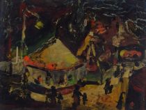 tableau La foire de Bruxelles la nuit   scène de genre,ville  huile triplex 1ère moitié 20e siècle