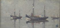 tableau Les bateaux dans la brume   marine,personnage  huile carton 2ième moitié 20e siècle