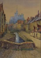 tableau Vieille ruelle à Amiens Marie Martin ville  aquarelle papier 1ère moitié 20e siècle