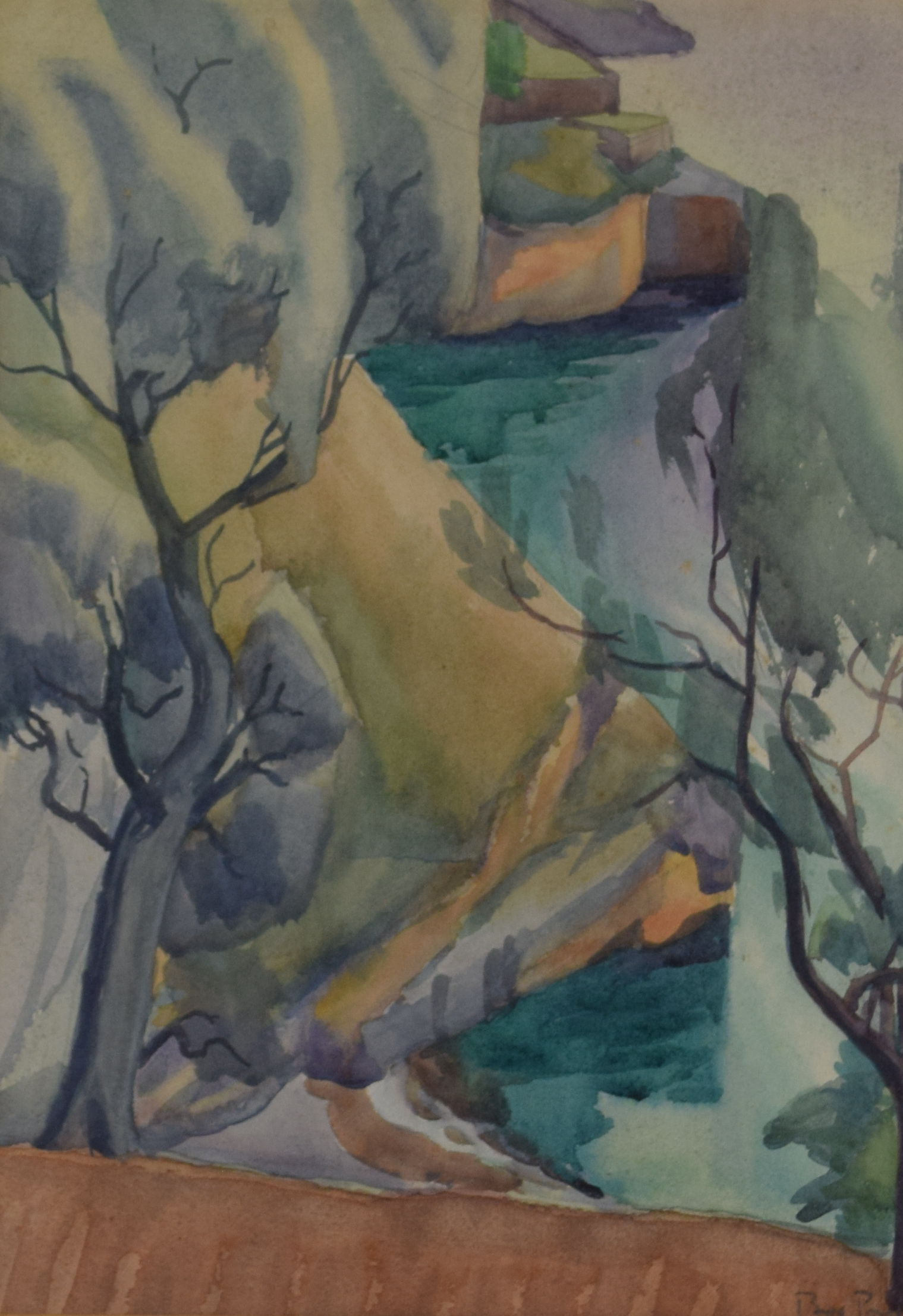tableau Les falaises   paysage  aquarelle papier 1ère moitié 20e siècle