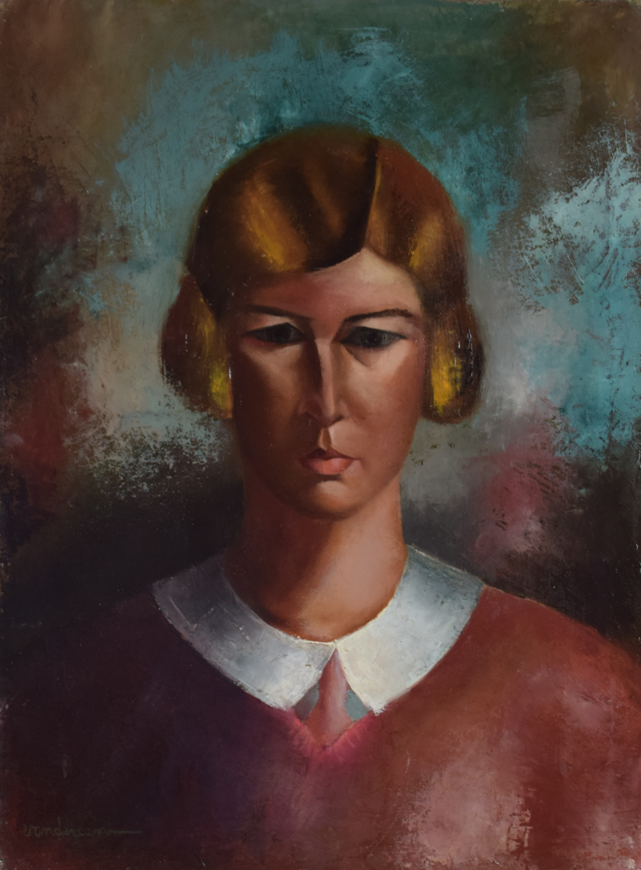 tableau Le femme en rouge Vandercammen Edmond personnage  huile toile 2ième moitié 20e siècle
