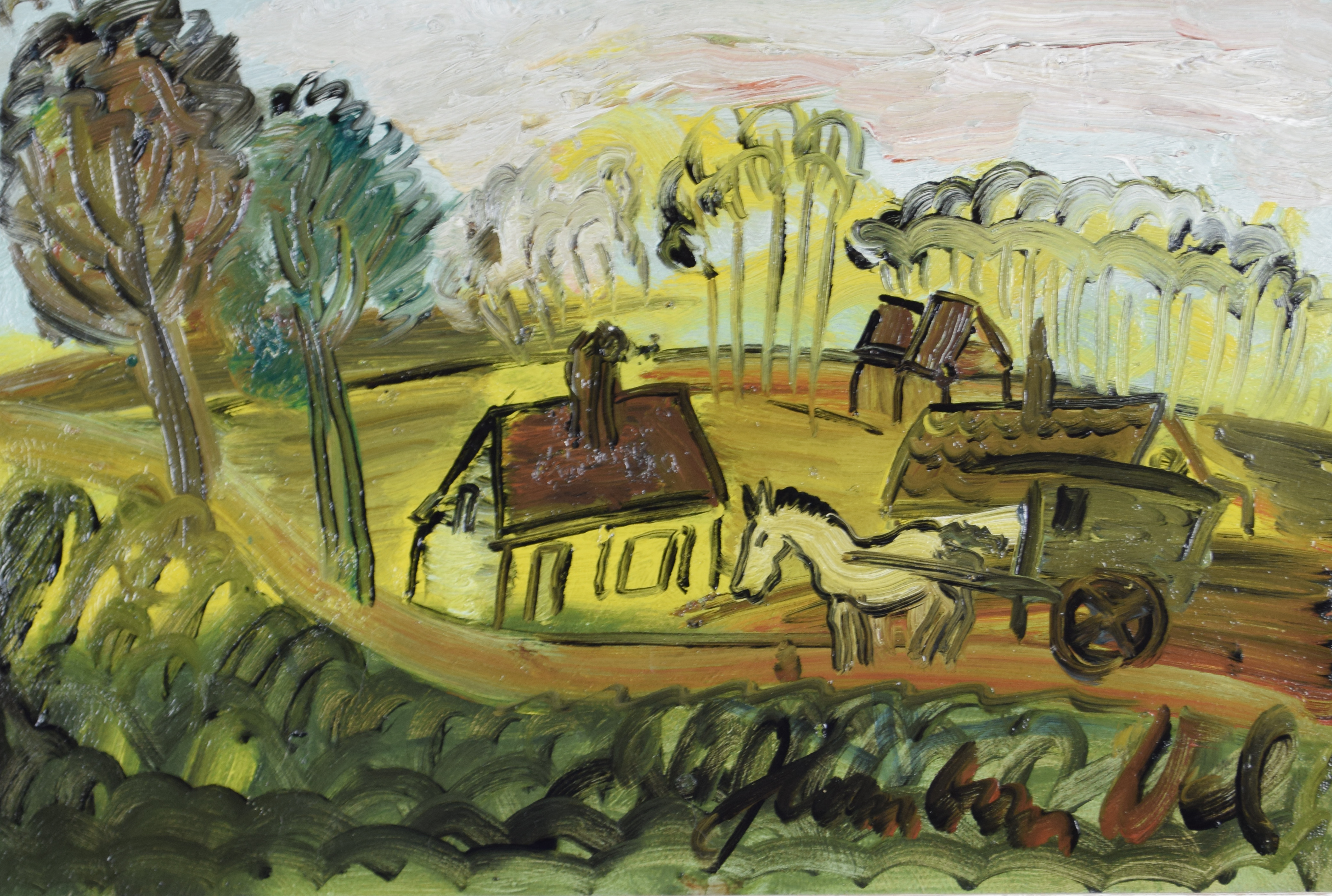 tableau La campagne Van Wel Jean paysage,village  huile panneau 2ième moitié 20e siècle