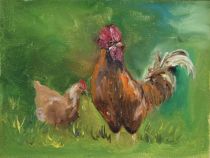 tableau Coq et poule   animaux  huile toile 2ième moitié 20e siècle
