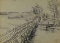 tableau Petit pont De Kat Anne-Pierre paysage  crayon papier 1ère moitié 20e siècle