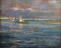tableau Veere en Zélande Herremans Liévin marine  huile panneau 19e siècle