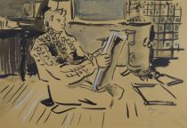 tableau L'amateur d'arts Hugo  personnage,scène d'intérieur  mixte papier 2ième moitié 20e siècle