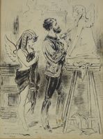 tableau Le sculpteur et son modèle Richter H personnage,scène d'intérieur  encre papier 19e siècle