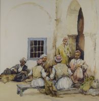 tableau Les marchands Van Mens Isidore orientaliste,personnage,scène rurale  aquarelle papier 1ère moitié 20e siècle