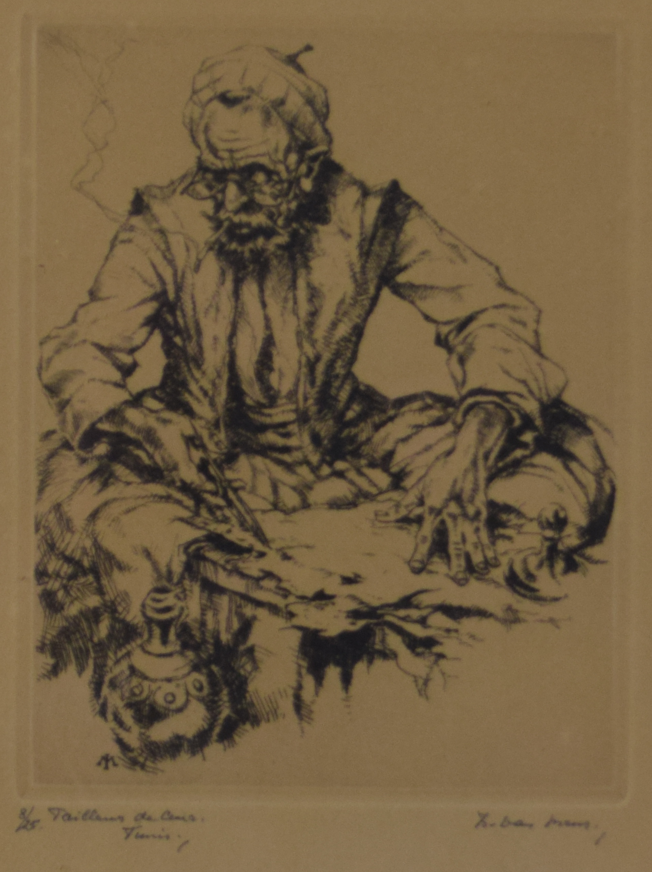 tableau Le tailleur de cuir  (Tunis) Van Mens Isidore orientaliste,personnage  estampe papier 1re moiti 20e sicle