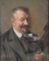 tableau L'amateur de grand vin Geudens Albert personnage,scène de genre  pastel papier 1ère moitié 20e siècle