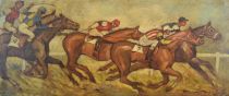 tableau La course de chevaux   animaux,personnage,sport  huile carton 1ère moitié 20e siècle