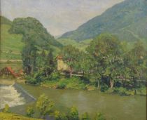 tableau Journée de pèche à St Hippolyte (Doubs)    Poreau Oswald personnage  huile panneau 1ère moitié 20e siècle