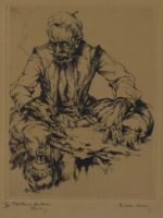 tableau Le tailleur de cuir  (Tunis) Van Mens Isidore orientaliste,personnage  estampe papier 1ère moitié 20e siècle