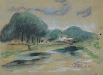 tableau Hotton sur Ourthe Verhaegen Fernand paysage  fusain papier 1ère moitié 20e siècle
