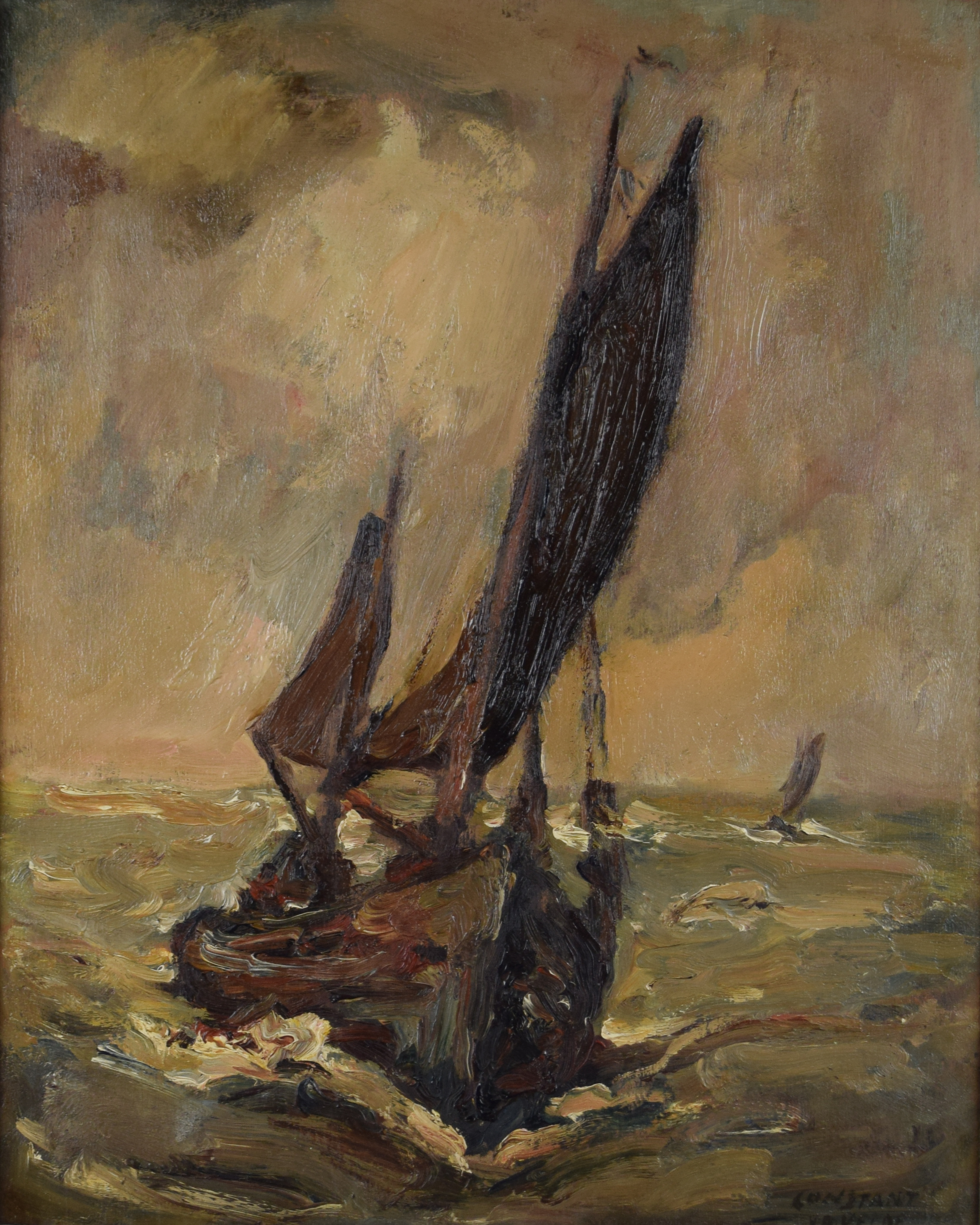 tableau Les voiliers Van der velde Constant marine  huile panneau 1ère moitié 20e siècle