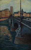 tableau Le fleuve et son pont Andrien  ville  huile carton 1ère moitié 20e siècle