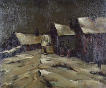 tableau Neige sur le hameau  Bruneau Florimond paysage,village  huile toile 1ère moitié 20e siècle