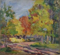 tableau Journée d'automne    paysage  huile panneau 1ère moitié 20e siècle