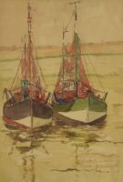 tableau Les bateaux de pêches   marine  aquarelle papier 1ère moitié 20e siècle