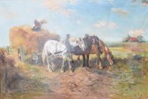 tableau Travail aux champs Schouten Henry animaux,paysage,personnage,scène rurale  huile toile 1ère moitié 20e siècle