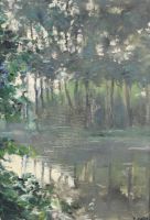 tableau Paysage à l'étang Ganz  Edwin paysage  huile marouflé 1ère moitié 20e siècle