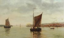tableau Départ en mer Ligtelijn Evert Jan marine,ville  huile panneau en acajou 19e siècle