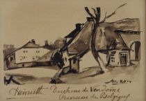 tableau Le hameau  Raty Albert paysage,village  lavis papier 1ère moitié 20e siècle