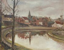 tableau Le cours d'eau (la Sambre?) Rops Félicien paysage,village  huile toile 19e siècle