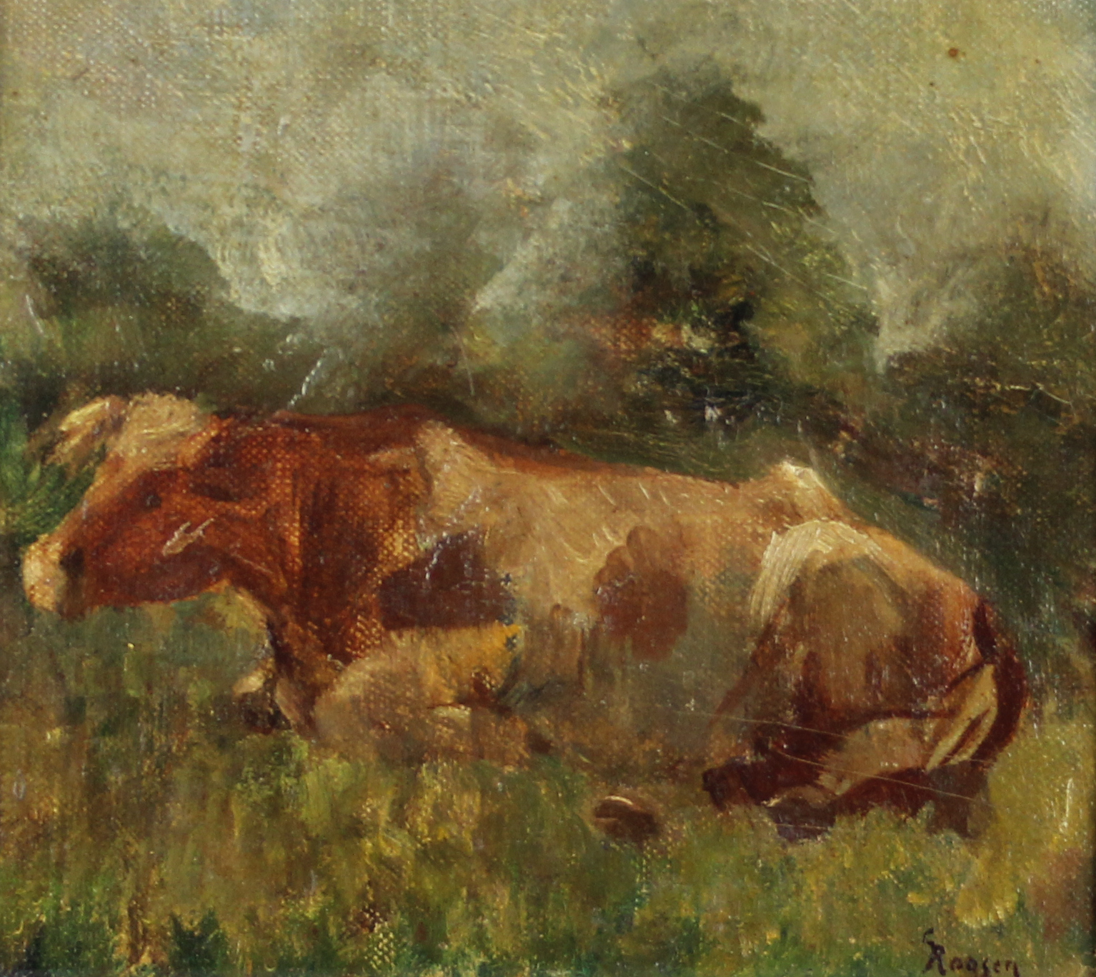 tableau La vache Roosen Gérard animaux,paysage  huile marouflé 1ère moitié 20e siècle
