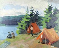 tableau Les campeurs Adam Yvon paysage,personnage  huile toile 2ième moitié 20e siècle