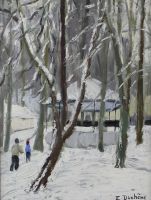 tableau Place d'Ohain sous la neige Duchêne Edmond personnage,village  huile isorel 2ième moitié 20e siècle