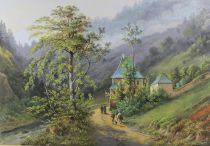 tableau Première des bâtiments de pourvoirie de la grande  Knip Henri (Hendrick Johannes) paysage,personnage  gouache papier 19e siècle
