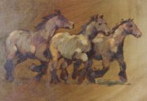 tableau Les jeunes chevaux   animaux  huile toile 2ième moitié 20e siècle