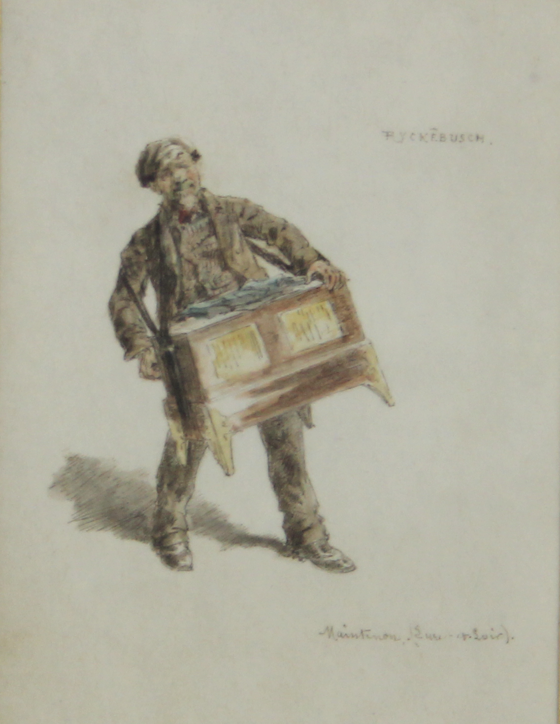 tableau Joueur d'orgue de barbarie (Maintenon Eure et Loir Ryckebusch Philippe Jules Joseph personnage,scène de genre  aquarelle papier 19e siècle