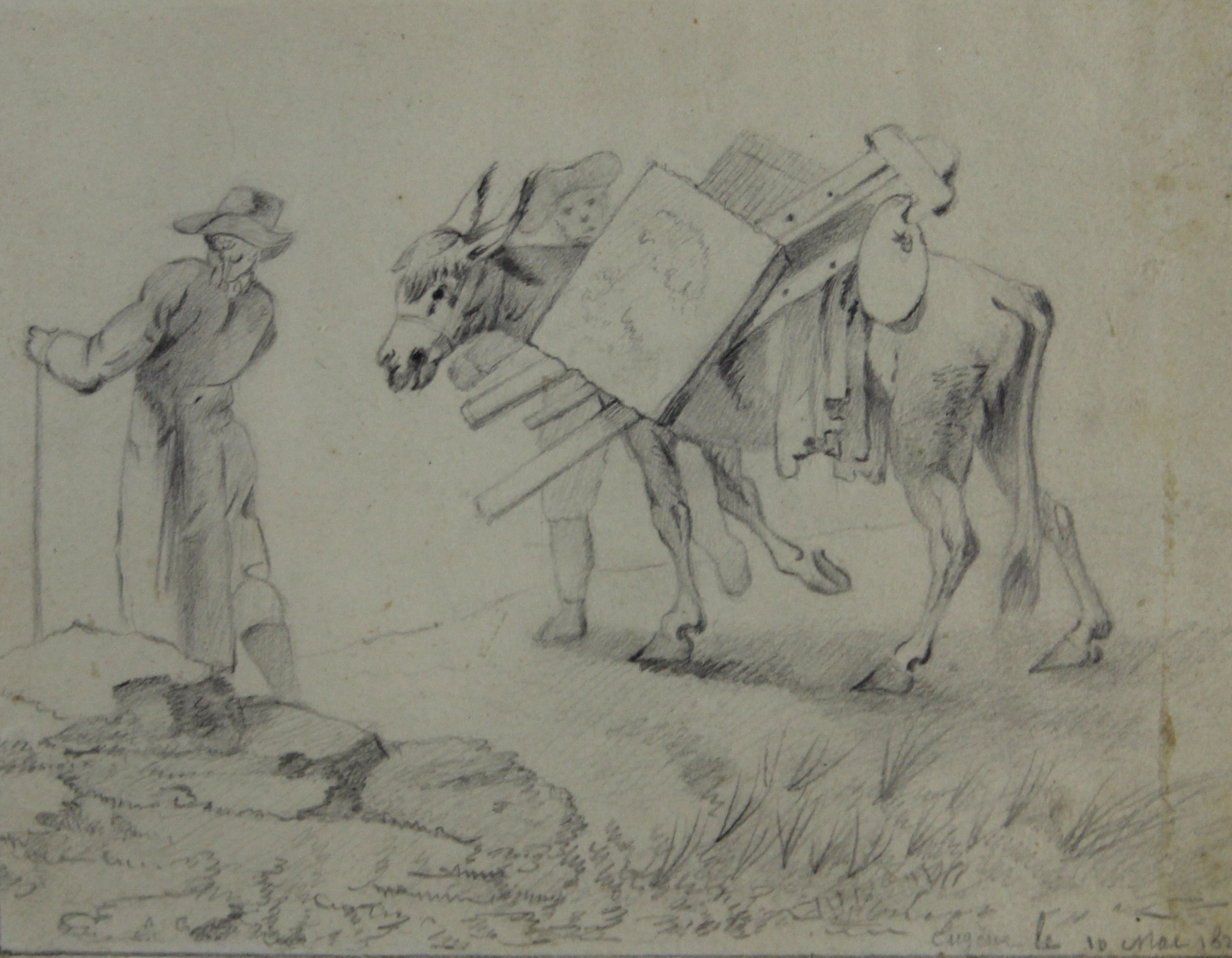 tableau Le peintre voyageur Verboechoven Eugène animaux,personnage,scène de genre  crayon papier 19e siècle