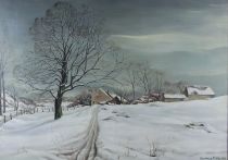 tableau Ciel de neige à linkebeek   Cocq Suzanne paysage,village  huile toile 2ième moitié 20e siècle